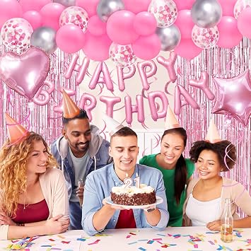 Pink Birthday Decorations, Happy Birthday Banner, Confetti Balloons, Fringe Curtain, Heart Star Foil Balloons, Hanging Swirls for Women Girls Birthday Princess Party Decorations