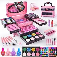 GORISPI 66pcs Kids Makeup Kit for Girls 3-12, Washable Non-Toxic Cosmetics with Mirror, Safe Princess Pretend Play Set (Pink Black)