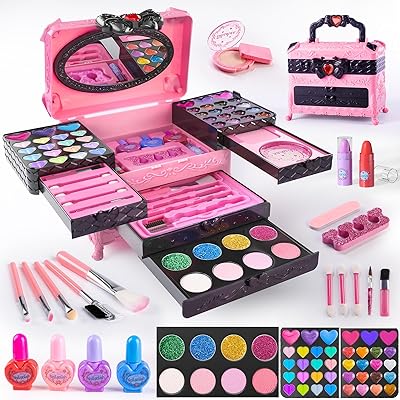 Kids Makeup Sets for Girls, 66pcs Real Cosmetic for Kids Toys with Mirror, Princess Washable Girls Makeup Kit, Non-Toxic & Safe Brithday Gifts for 3 4 5 6 7 8 10 - 12 Years Old(Pink Black)