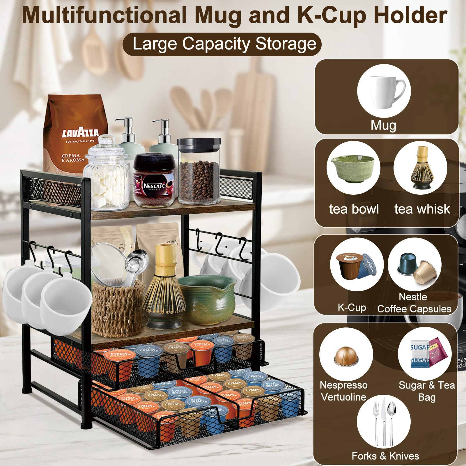 Organizador de estación de café para encimera, organizador de cápsulas de café de 2 niveles con capacidad para hasta 60 K, estación matcha, soporte para tazas con 6 ganchos, estante multifuncional 6
