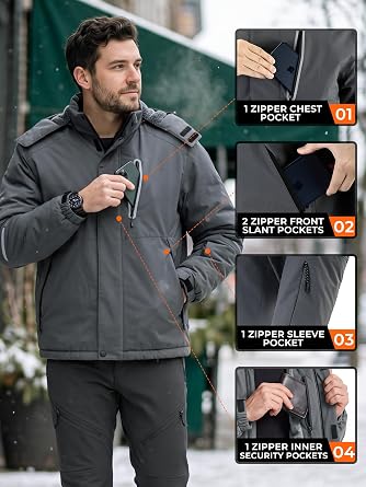 Men's Winter Insulated Jacket with Detachable Hood,Water-Resistant