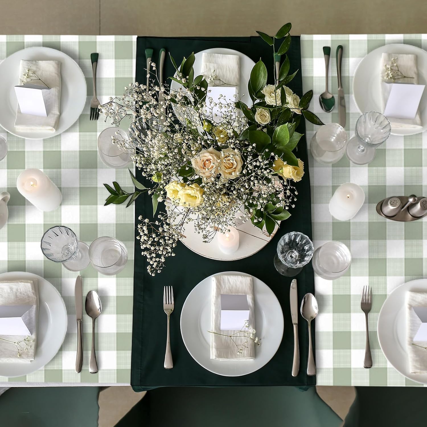 Ganeen 3 Pcs Green and White Checkered Tablecloths Disposable Plastic Gingham Table Cloths Waterproof Rectangle Plaid Table Cover for Christmas Wedding Picnic Birthday Party Decor, 54 x 108 Inch