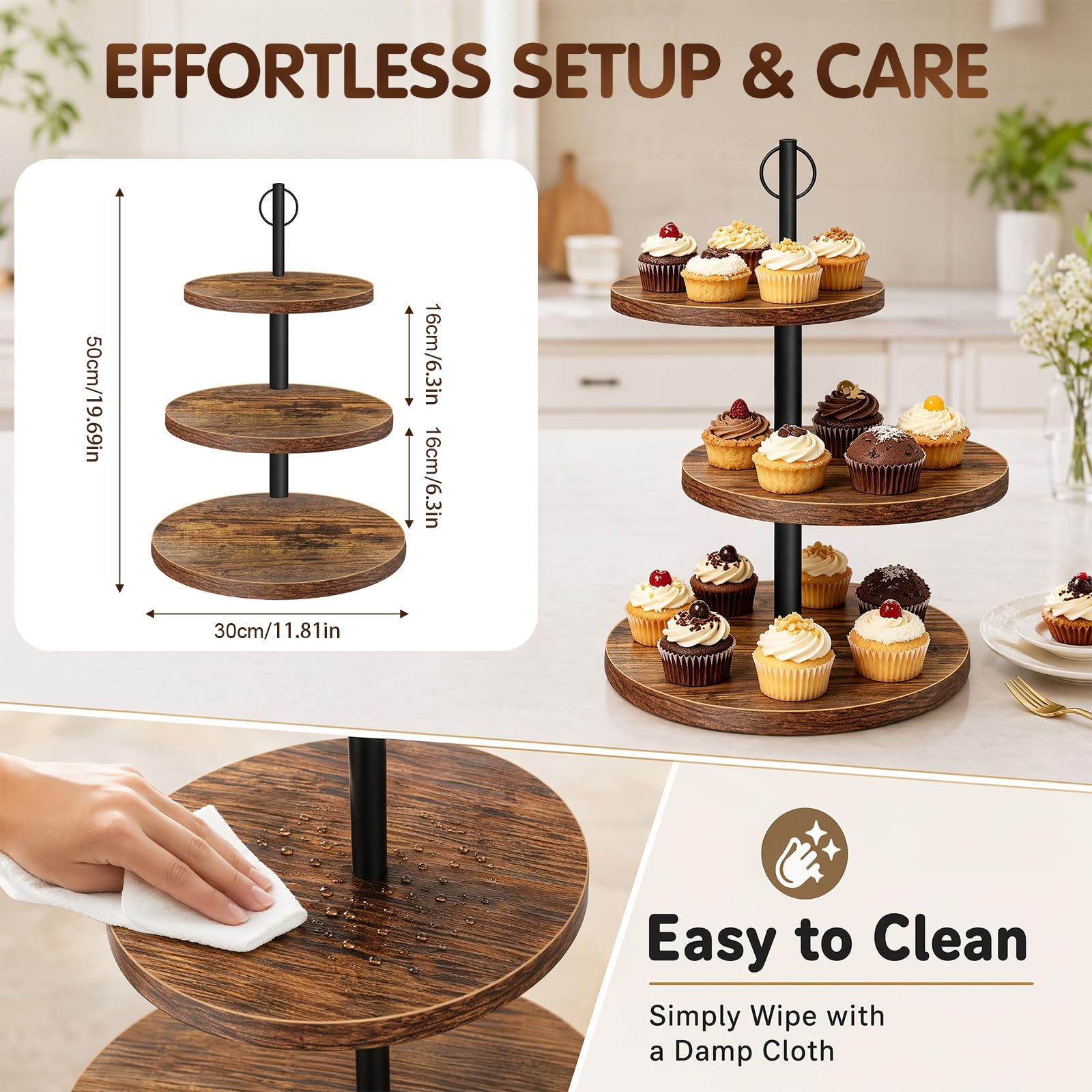 Alzata a 3 ripiani in legno, grande supporto per cupcake, girevole, rotonda, per muffin, torte, dessert, matrimoni, feste di compleanno (diametro 30/25/20 cm)