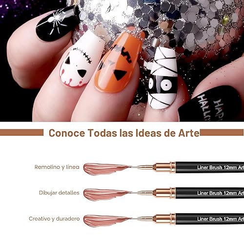Miniatura 5 de Artdone Bolígrafos metálicos para arte de uñas, juego de 5 brochas de color negro para líneas largas, detalles finos, dibujo fino, pincel