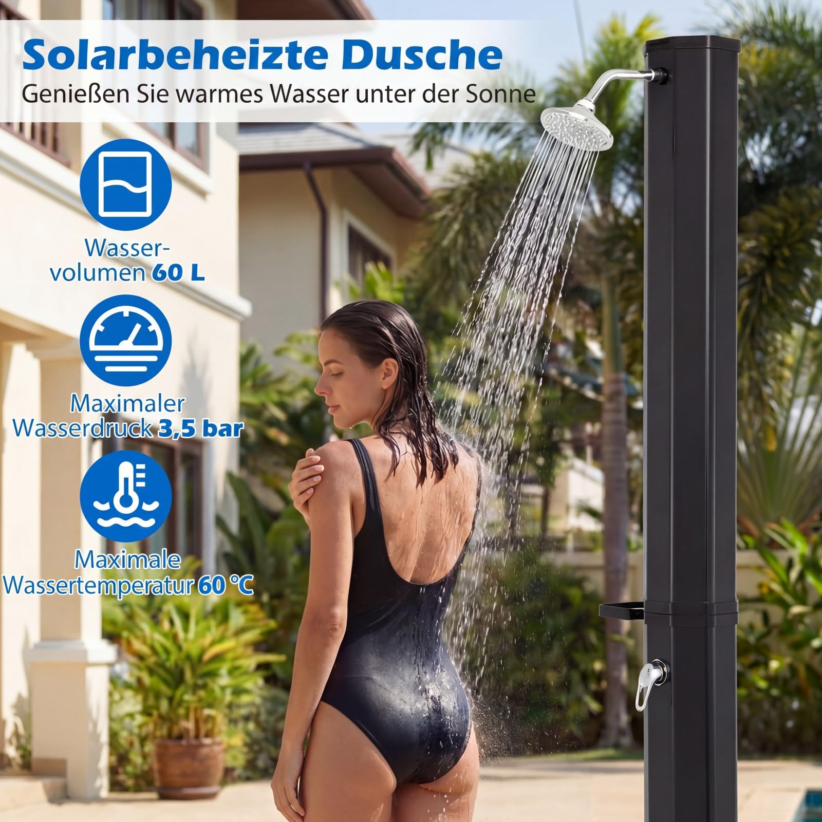 COSTWAY Solardusche 60L inkl. Abdeckung | Gartendusche mit Ablage, Regenduschkopf und Wasserhahn | warmes Wasser | max. 60°C | ohne Stromanschluss | Pooldusche Camping (Schwarz)