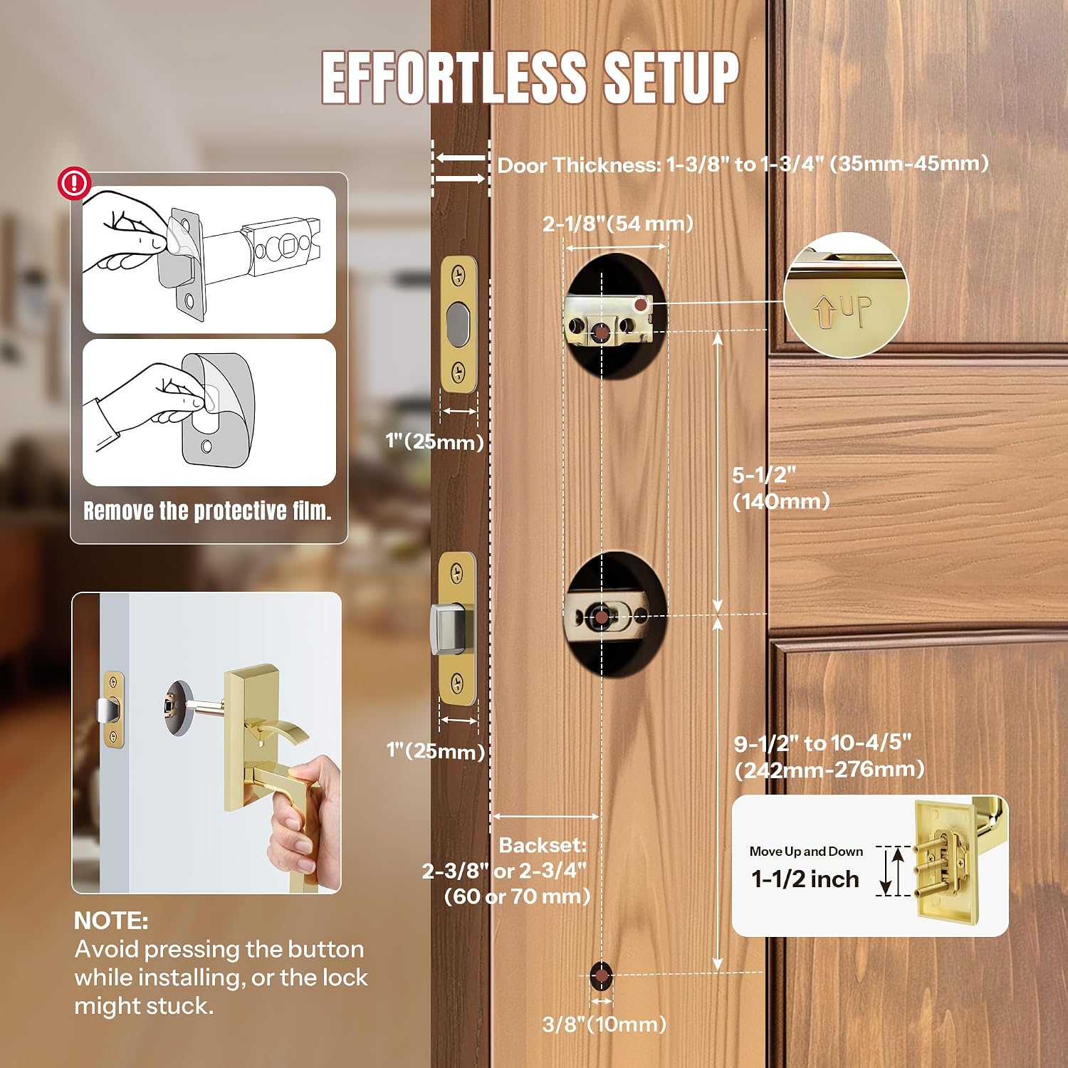 Double Front Door Lock Set, Keyed Entry Front Door Handleset with Dummy, Square Heavy Duty Door Lever and Single Cylinder Deadbolt Combo, Polished Brass