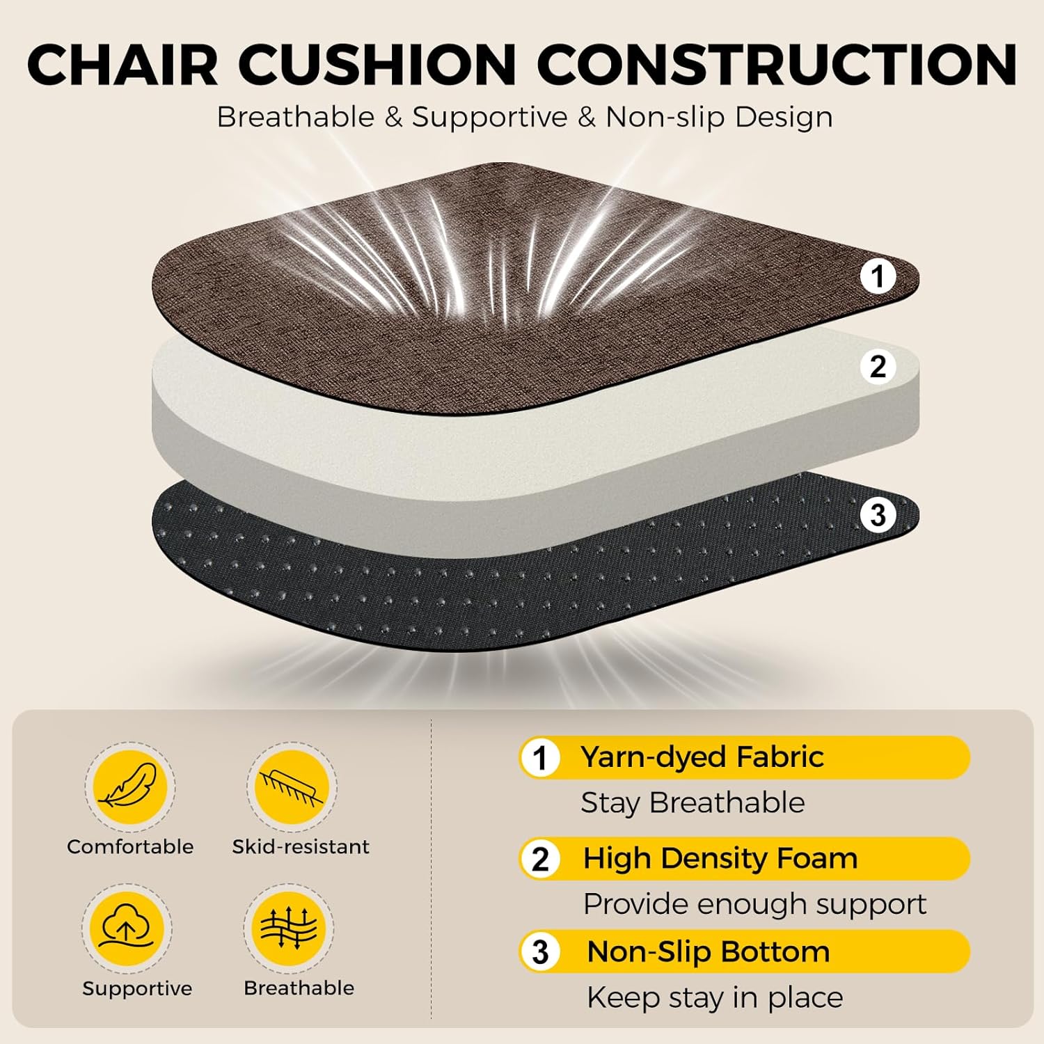 downluxe Indoor Chair Cushions for Dining Chairs, Soft and Comfortable Textured Foam Kitchen Chair Pads with Ties and Non-Slip Backing, 16" x 16" x 2", Brown, 6 Pack