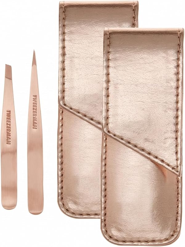 Tweezerman Conjunto de Pinças Petite Point e Slant Rose Gold com Estojo de Viagem, Pacote com 2