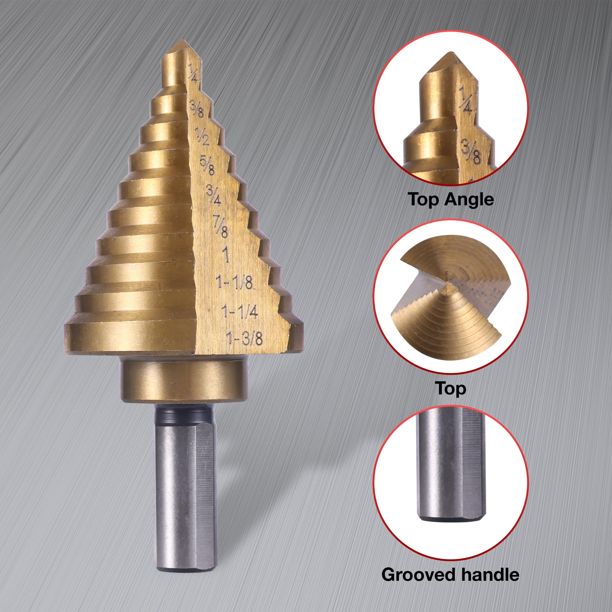 Juego de 6 brocas escalonadas, 6 piezas (50 tamaños) HSS Step Unibit con punzón central automático, cuchillas de doble corte de acero de alta velocidad con caja de aluminio, brocas