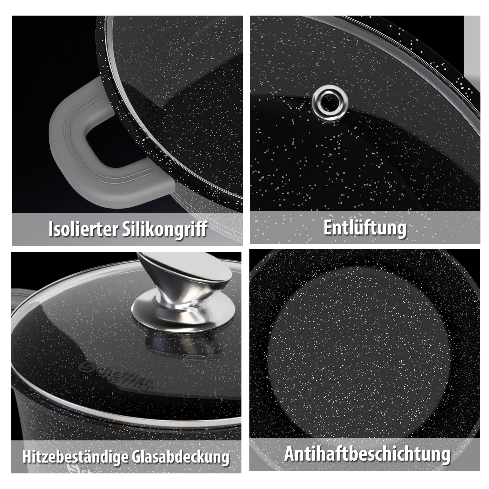 Topf Scheffler Schmortopf Induktion 20cm/2,2L Kochtopf mit Glasdeckel | Aluminiumguss, Antihaftbeschichtung , Aluguss, 2 Silikon Griffschutz, für alle Herdarten Schwarz