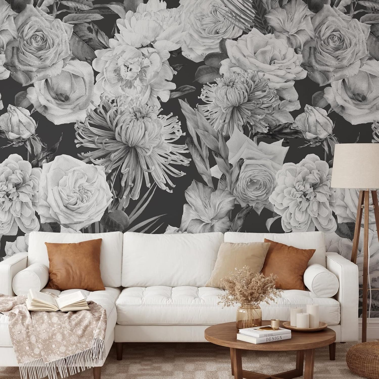 Black and White Roses Wallpaper | Removable Self Adhesive Watercolor Wallpaper | Floral Peel and Stick Wallpaper (1 roll 24" W x 96" H)