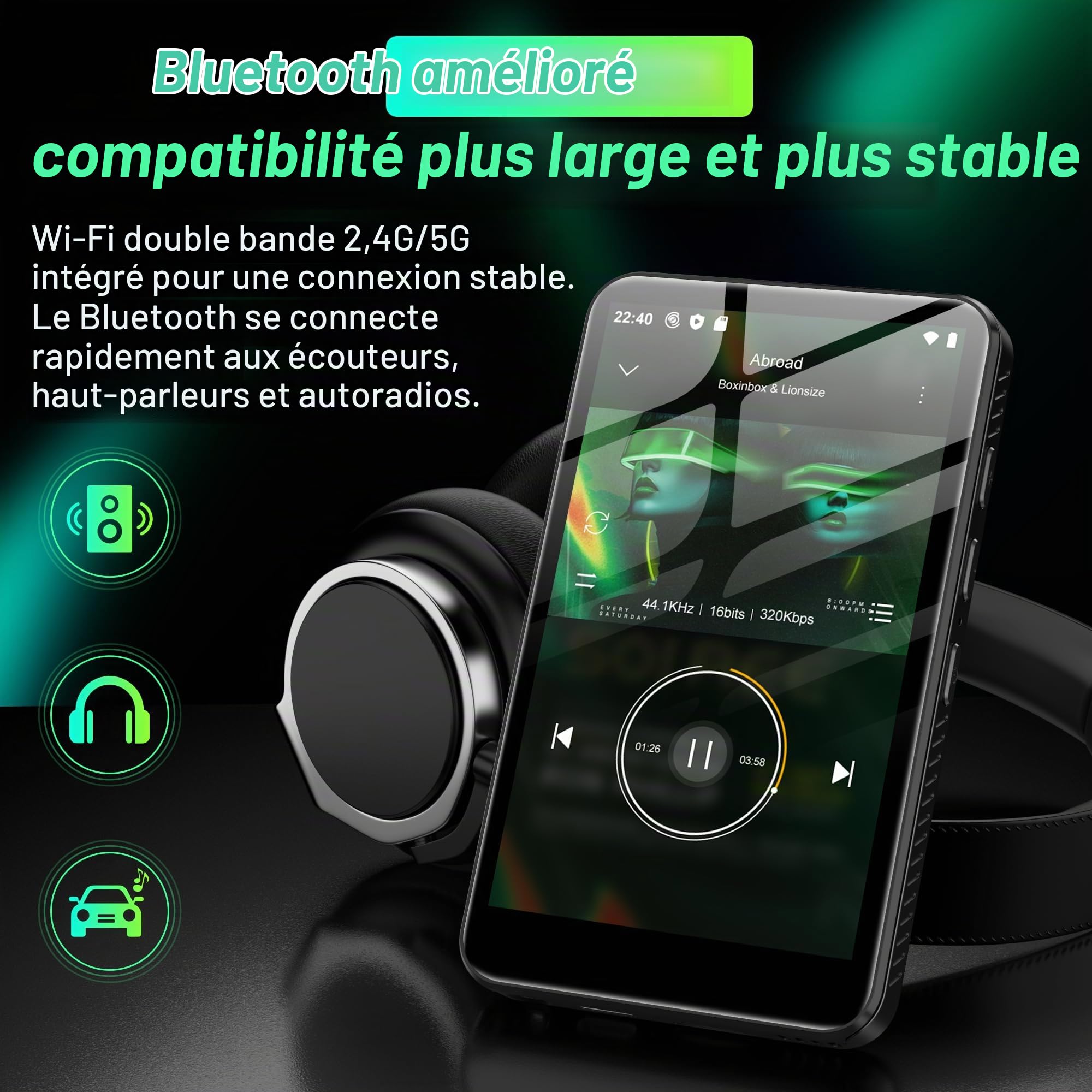 Lecteur MP3 SWOFY D08 32GB sous Android 13, écran Tactile 4 Pouces. Doté du Bluetooth et du WiFi, il Prend en Charge Spotify, Audible, Play Store et la Radio FM. Capacité Extensible Jusqu’à 1 to