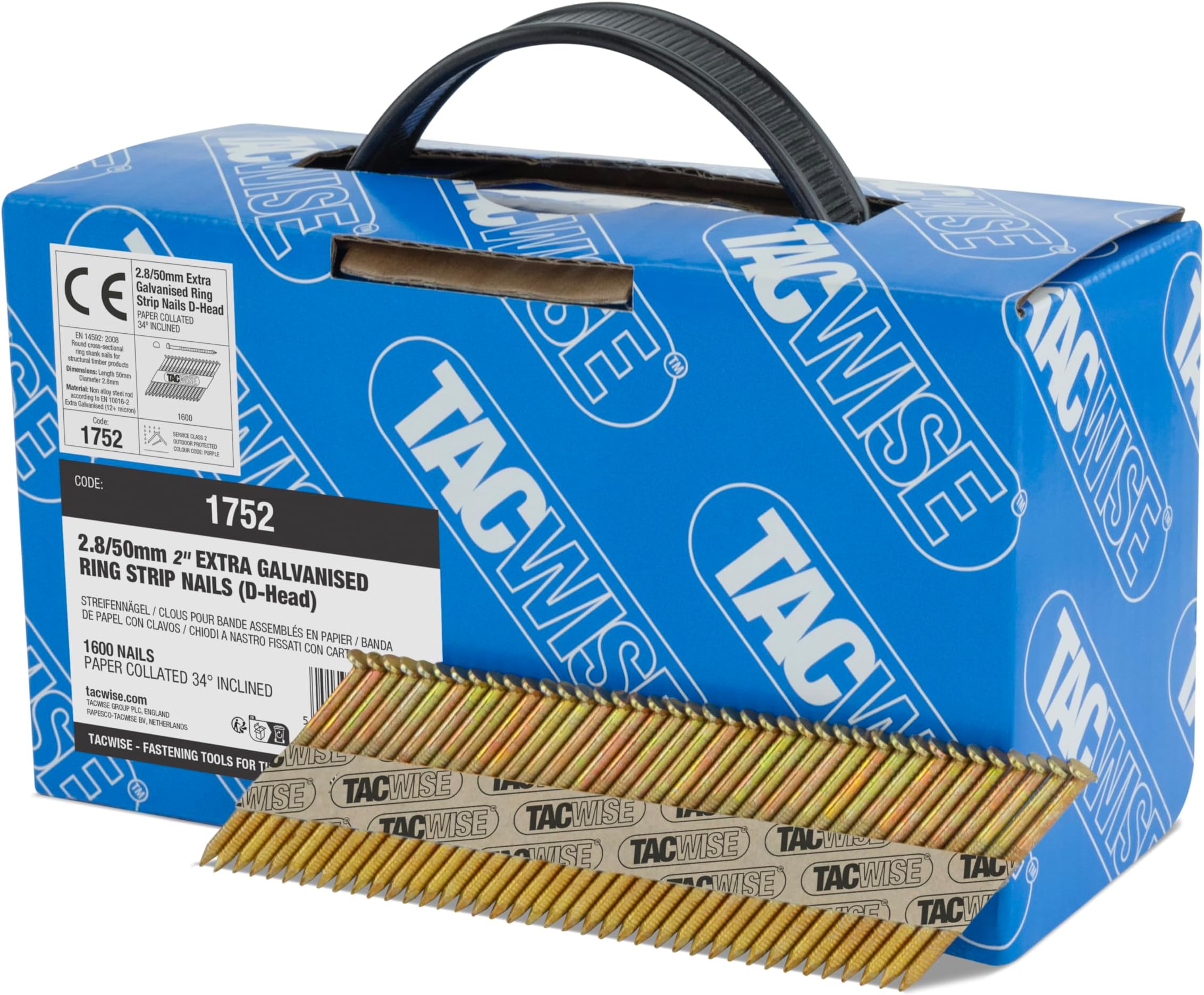 Tacwise1752 Extra Galvanised Framing Nails 2.8/50 mm, D Head, Ring Shank, 34° Inclined, Paper Collated, Pack of 1600