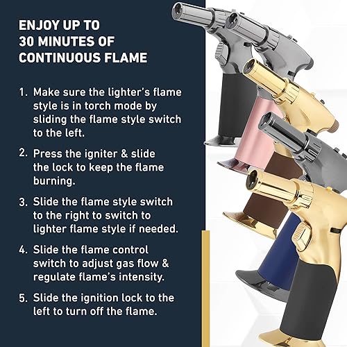 Miniatura 7 de Potente estilo de llama doble + soplete de butano con triple ajuste del tamaño de la llama con una mano, soplete de cocina recargable, bloqueo