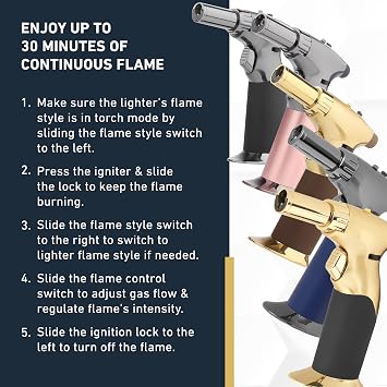 Dual Flame Butane Torch Gun - Refillable Luxury Hand Held Mini Blow Torch for Cooking, Creme Brulee, Soldering, Welding, Resin Art - Adjustable Flame with Ignition Lock - Gold Brown by inZaynity