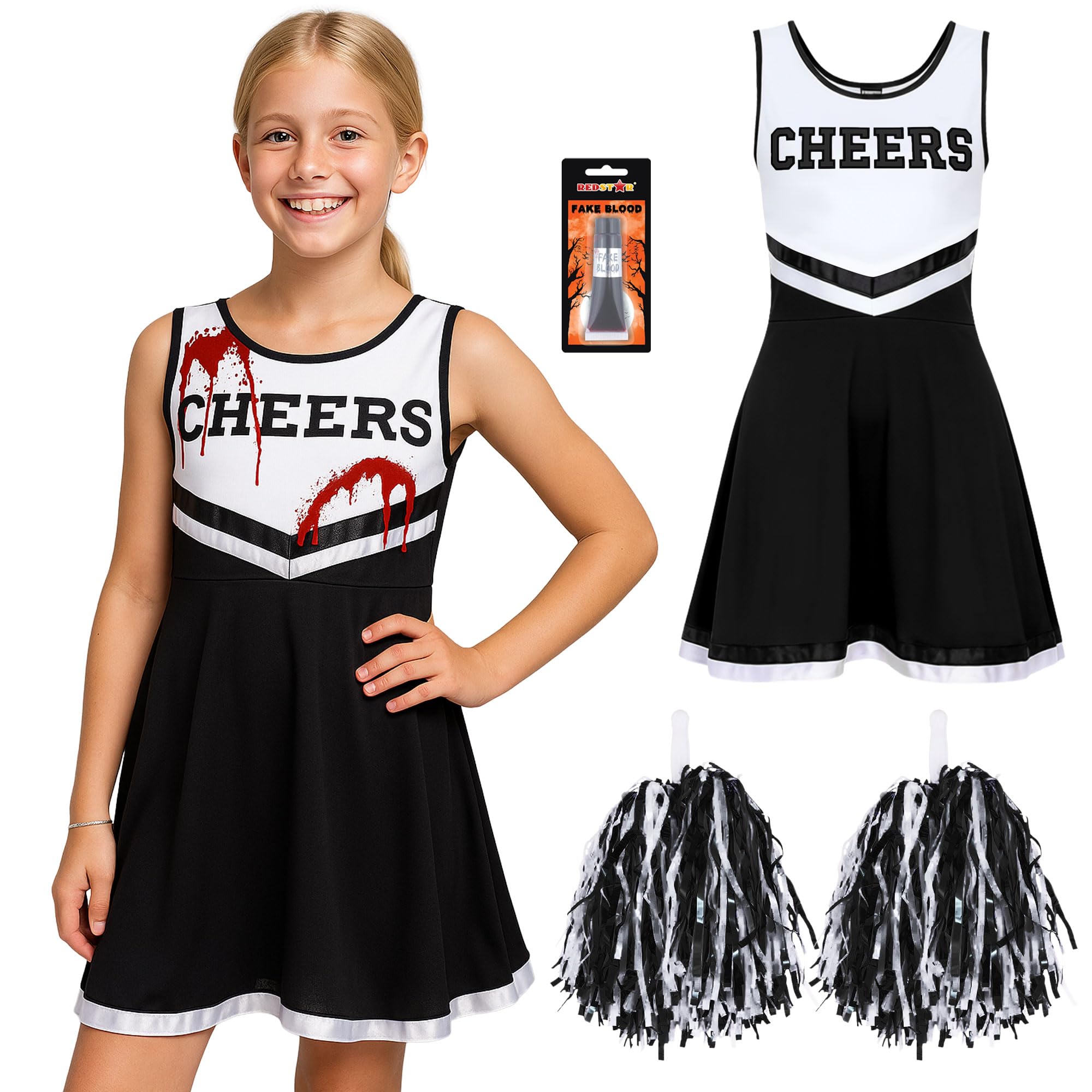 REDSTAR Dziewczyny Halloween Zombie Cheerleader Dead fantazyjny kostium dla dzieci uczennica upiorne dziecko zombie z tubą sztucznej krwi - kostiumy na Halloween imprezy