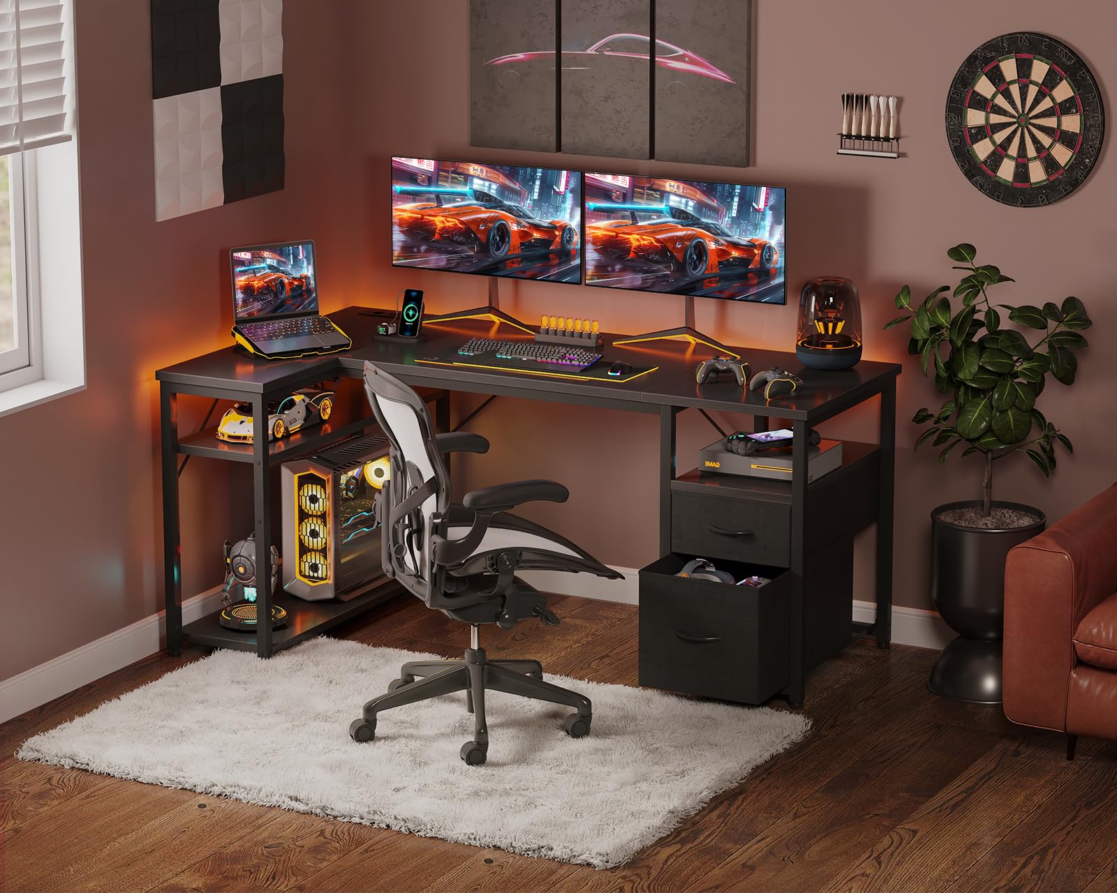 Coleshome Bureau d’Angle avec Tiroirs en Tissu, 140×80 cm Bureau Gaming Réversible avec Prises et Ports USB, Table en L avec Étagère Réglable pour Télétravail, Jeux et Études, Noir