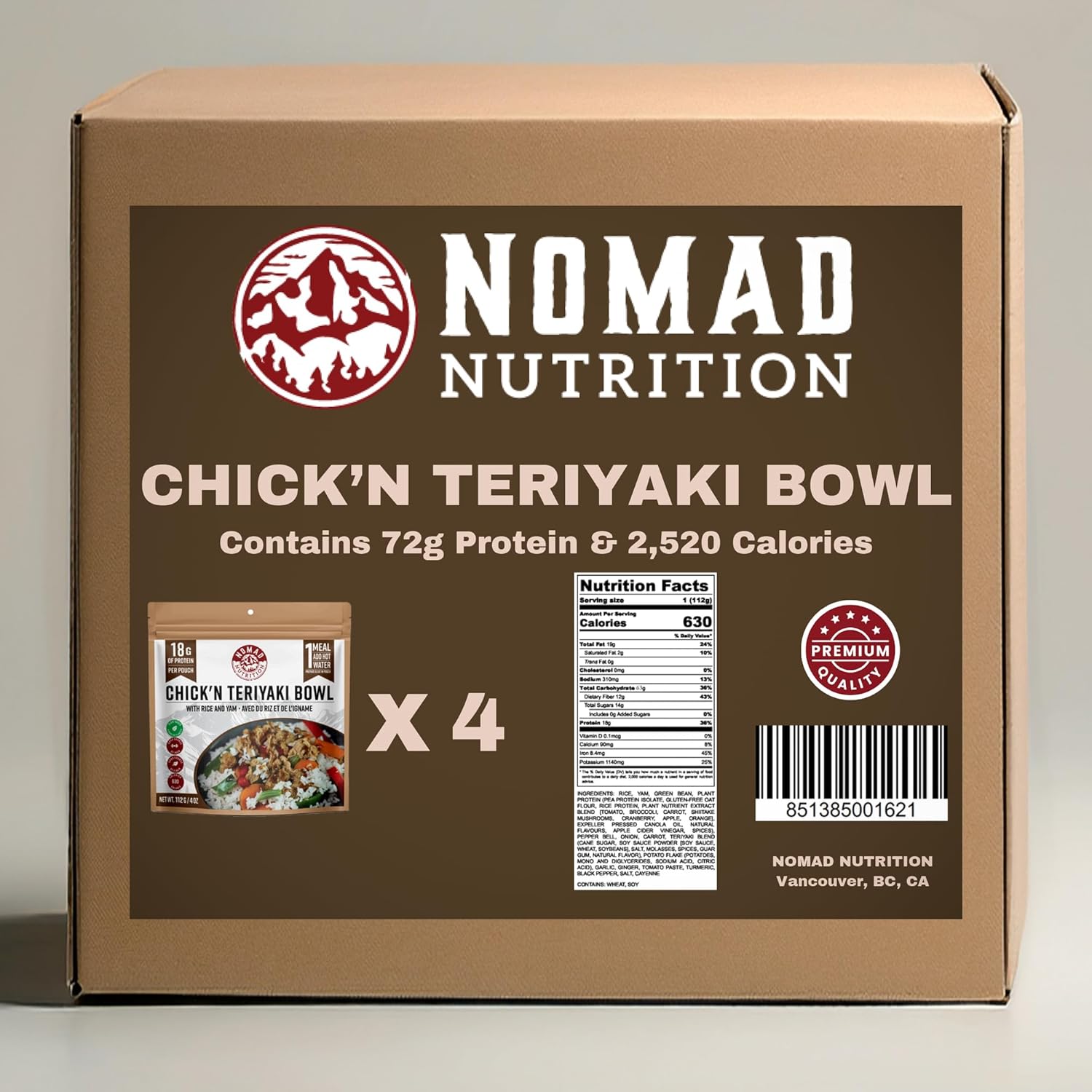 Nomad Nutrition Chick'n Teriyaki Bowl Pack of 4 | Instant Freeze Dried Backpacking & Camping Food | Plant-Based, Non-GMO Hiking Meals with High-Energy, Vegan | 112g - 4 Pack