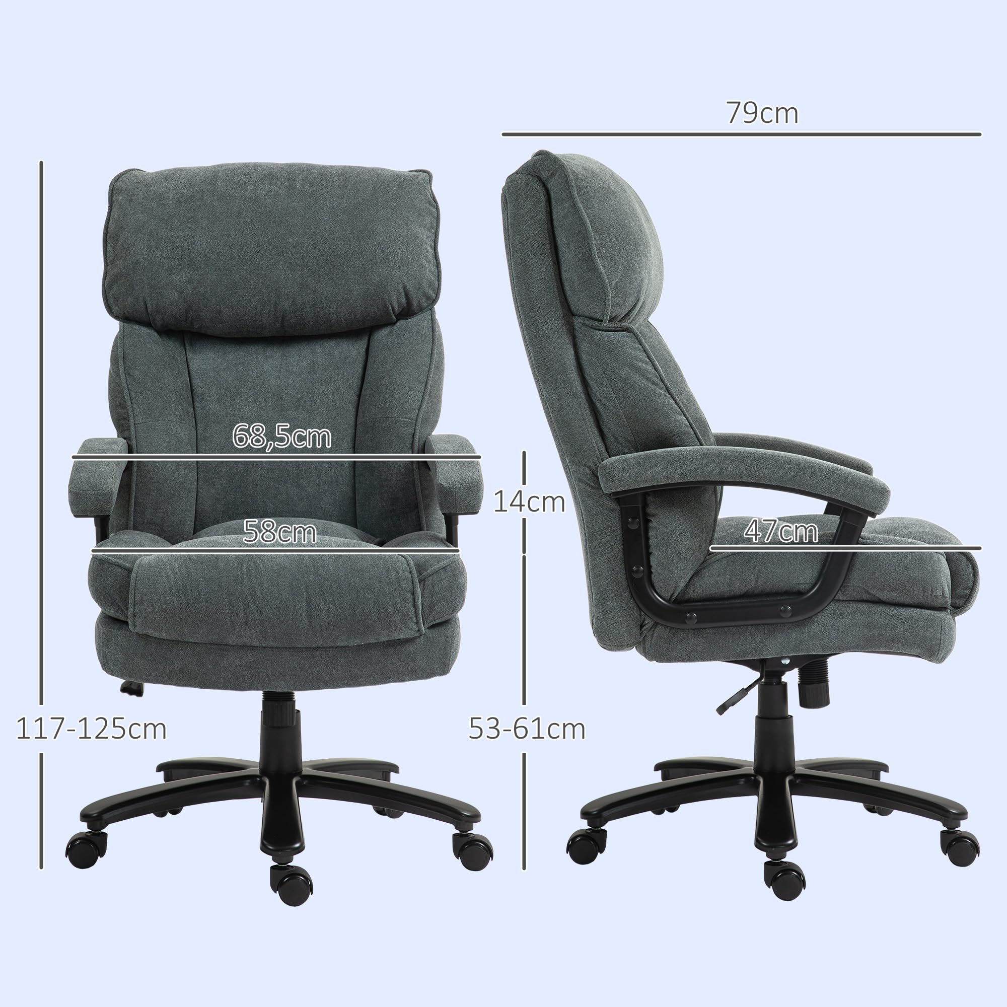 HOMCOM Chefsessel Bürostuhl bis 200 kg Ergonomischer Schreibtischstuhl mit Samtoptik, Hoher Rückenlehne, Höhenverstellbar Drehstuhl mit Breitem Sitz, Wippfunktion, für Büro und Homeoffice Grau