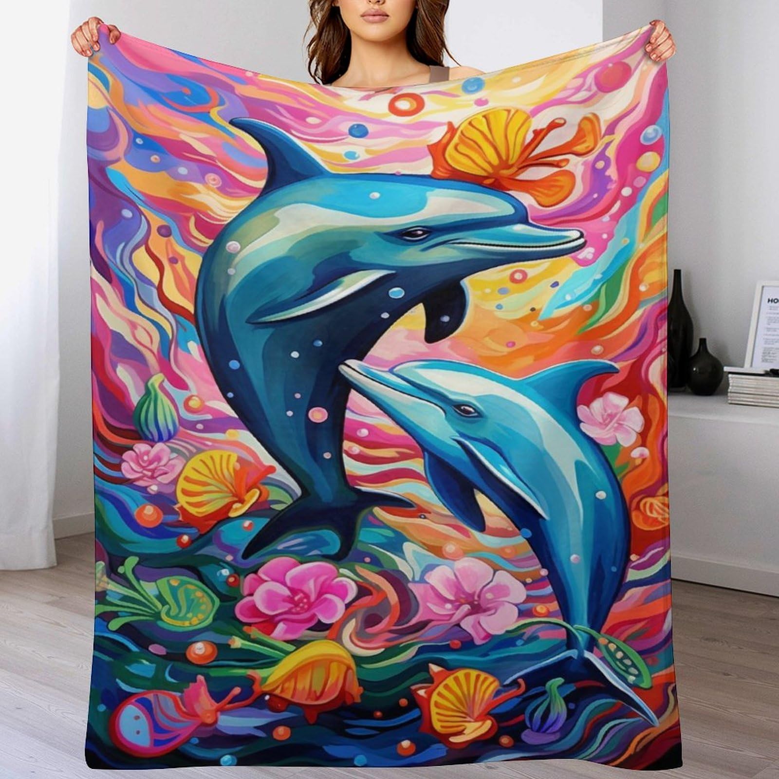 Manta para sofá de franela con diseño de delfín para tardes de salón