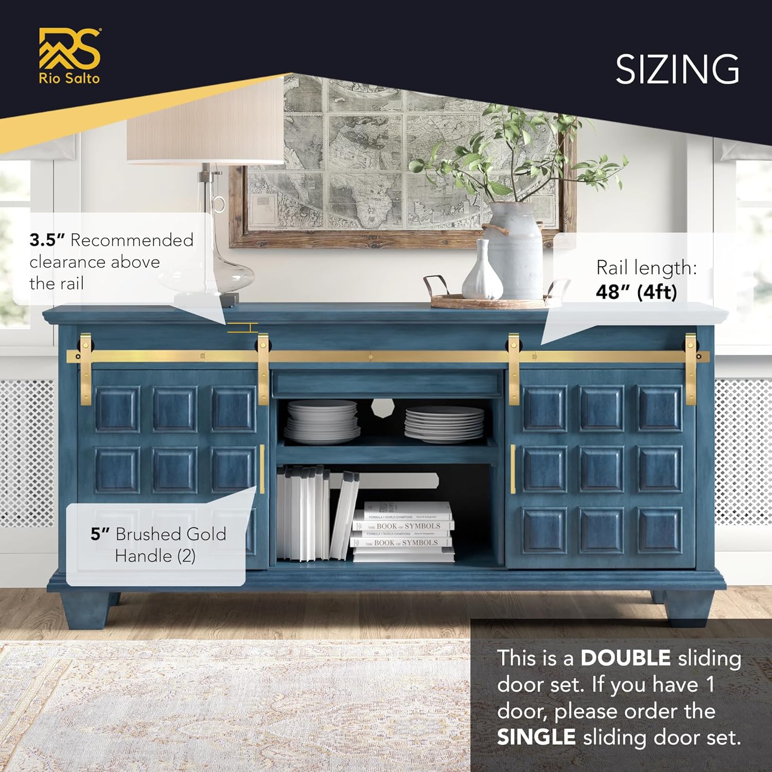 Rio Salto Mini Gold Barn Door Hardware Kit with Handles, Double Pannel Cabinet Sliding Barn Hardware Track for Sliding Furniture (Light Gold, 4FT Track Kit Plus Handles (Double Door)