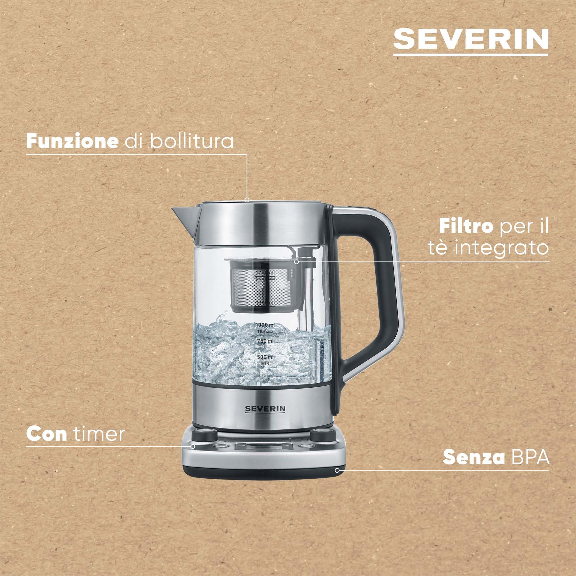 SEVERIN Bollitore e Tea Maker con funzione di sollevamento automatico, impostazione della temperatura e funzione di ebollizione rapida, capacità 1,7 litri di acqua o 1 litro di tè, WK 3422