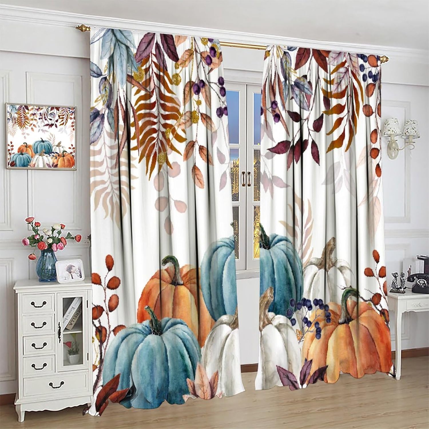 Fall Thanksgiving Curtains, Watercolor Autumn Pumpkins Eucalyptus Leaves Print Rod Pocket Blackout Window Treatments for Kitchen Living Room Bedroom, Blue Orange 42x45 Inch