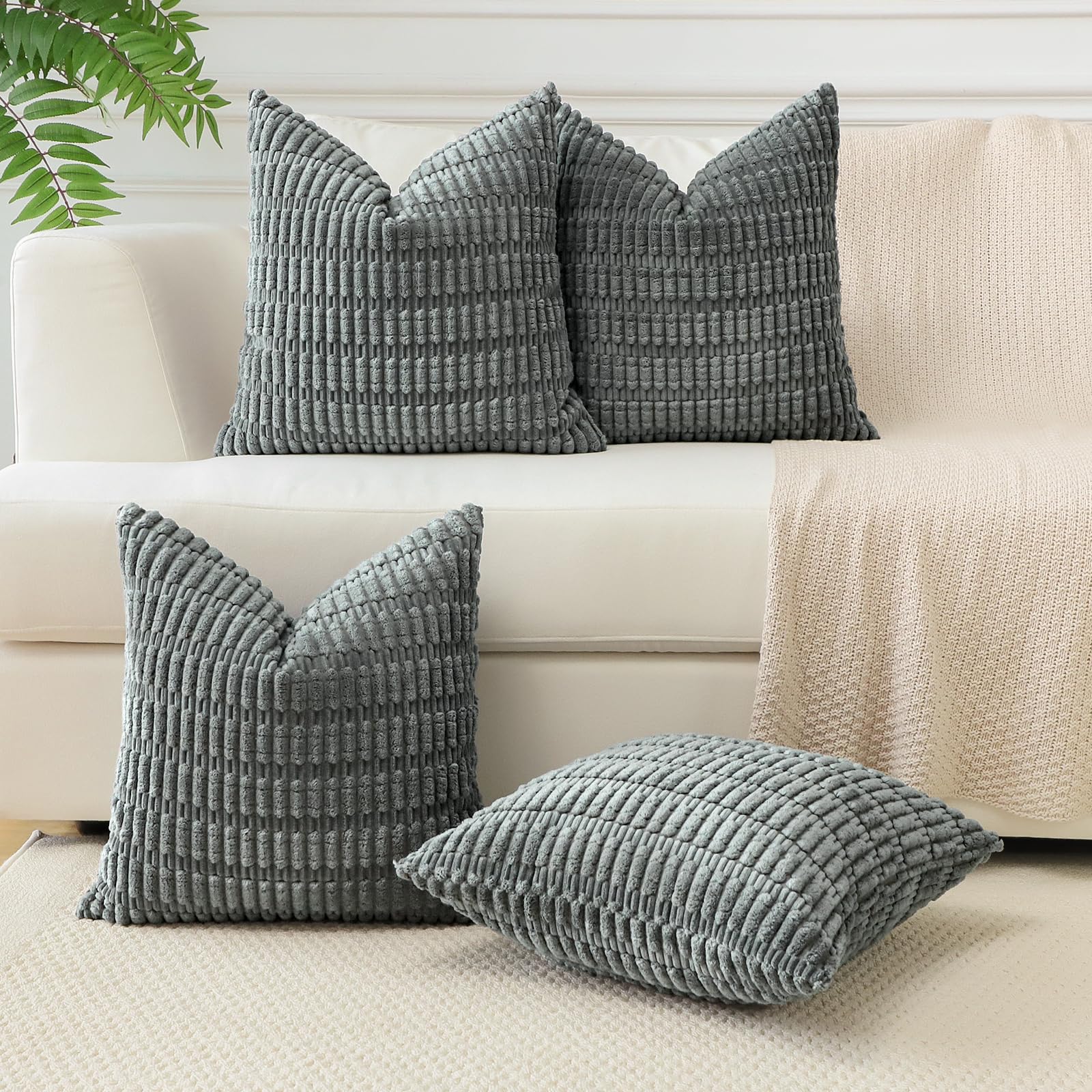Sungeek Set of 4 Soft Corduroy Decorative Cushion Covers 45x45cm Square Striped Throw Pillow Covers 18x18 Inch for Sofa Couch Living Room Patio Farmhouse Boho Home Decor Pillowcases (Dark Gray) - Image 3
