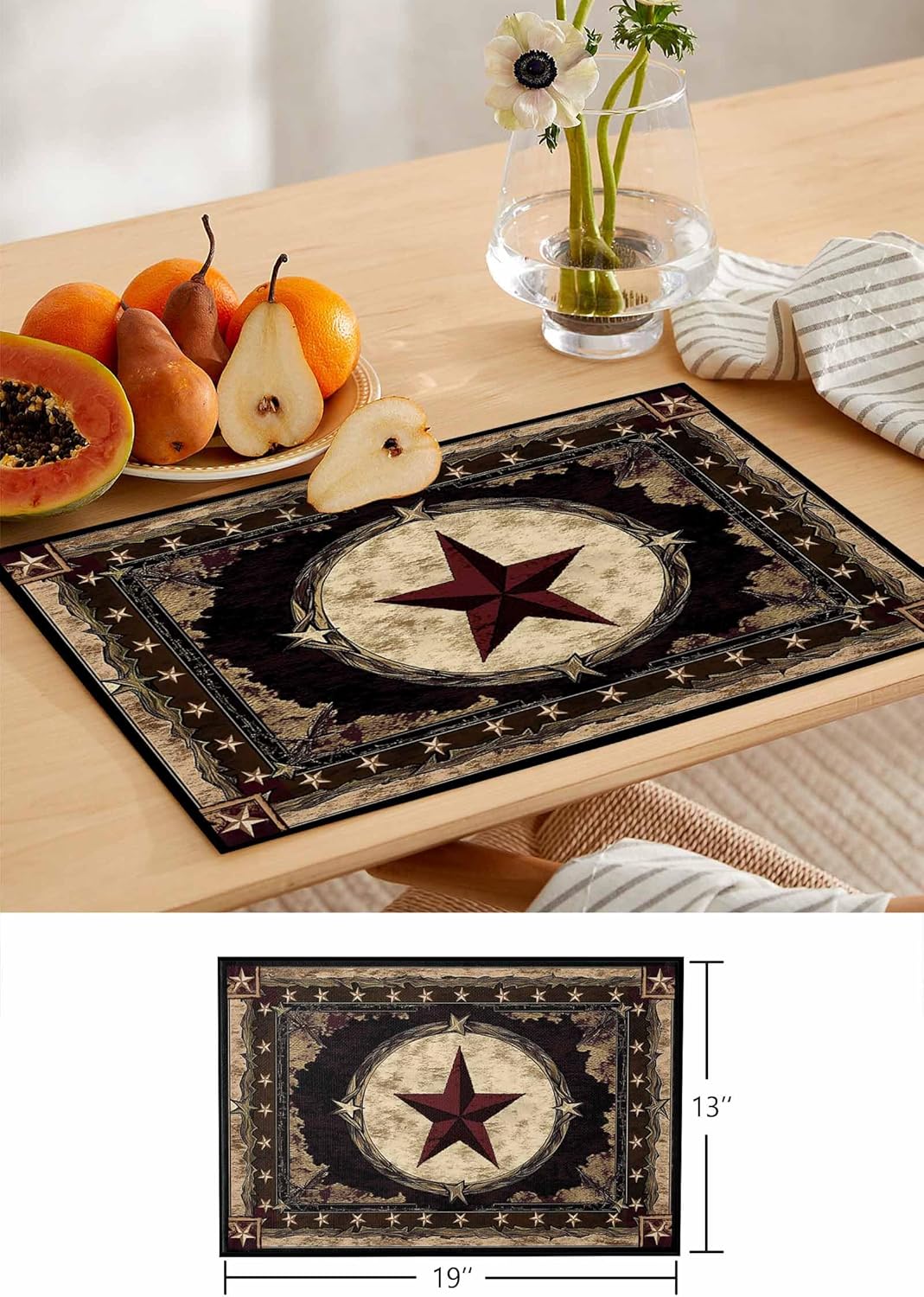 Western Texas Star Placemats for Dining Table Set of 6, Rustic Vintage Place Mats for Kitchen/Dining, Non Slip, Durable, Washable Table Mats 13''x19'' Table Decor, Brown