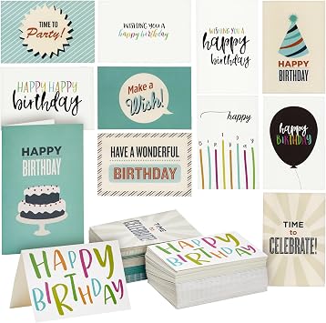 Boxed Birthday Cards with Envelopes 60 Pack Assorted Blank Greeting Cards for All Ages, Unisex Card Assortment with 12 Fun Designs, 4x6 Inches, 250 GSM Premium Cardstock, Bulk Birthday Set
