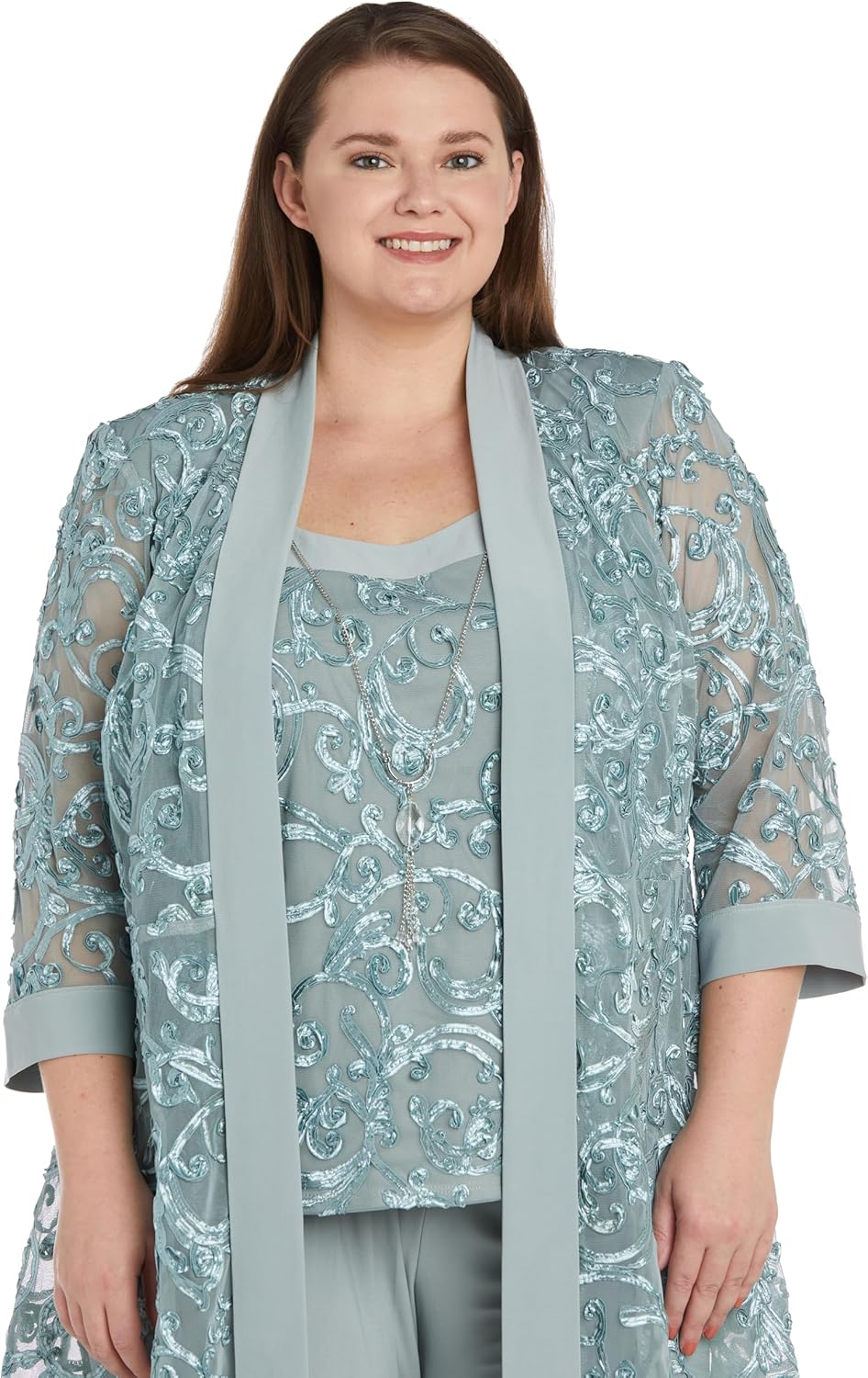 R&M Richards Women's Elegant Dressy Pants Suit Set | 2-Piece Formal Outfit W/Mesh Jacket Over Mock Top, Trousers & Necklace