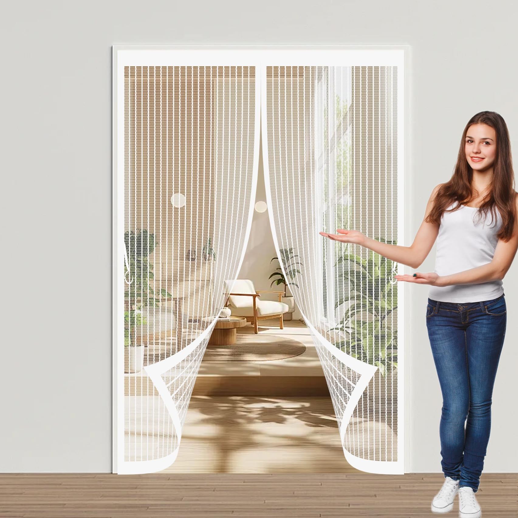 Magnetic Screen Door 87 x 182 cm with Powerful Magnets & Full Frame Magic Tape, Keep Bugs Out & Lets Fresh Air in Magnetic Thermal Door Curtain for Patio Doors Balcony, White