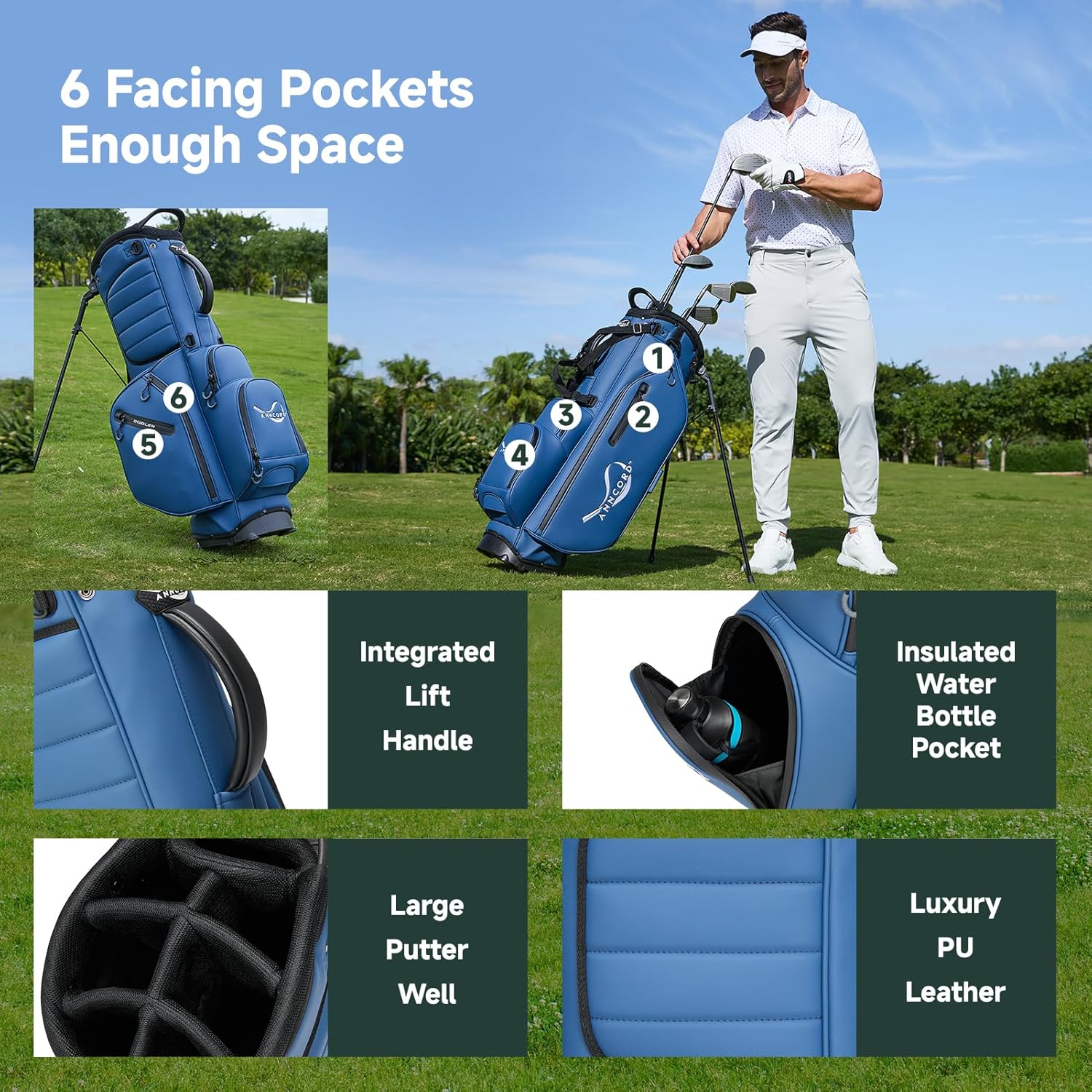 Golf Stand Bag with 7 Way Full Length Dividers, Premium Leather Golf Bag for Men Women, Luxury Waterproof Golf Bags with Stand, 6 Pockets & Cooler Pouch, Dual Straps, Rain Hood - Image 3
