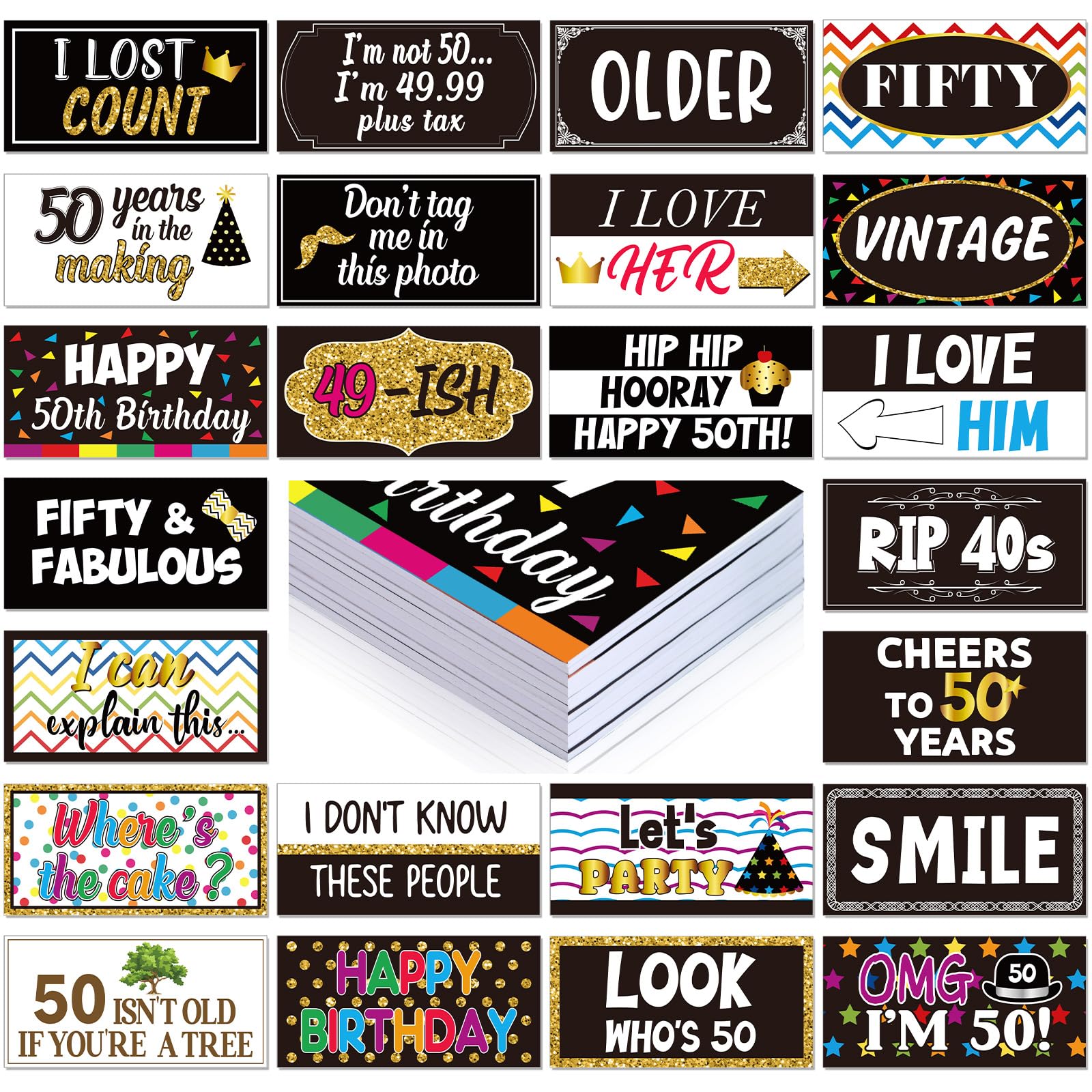 Photo 1 of Beeveer 50th Birthday Photo Booth Props, 24 Designs, 11 x 5.5 Inches