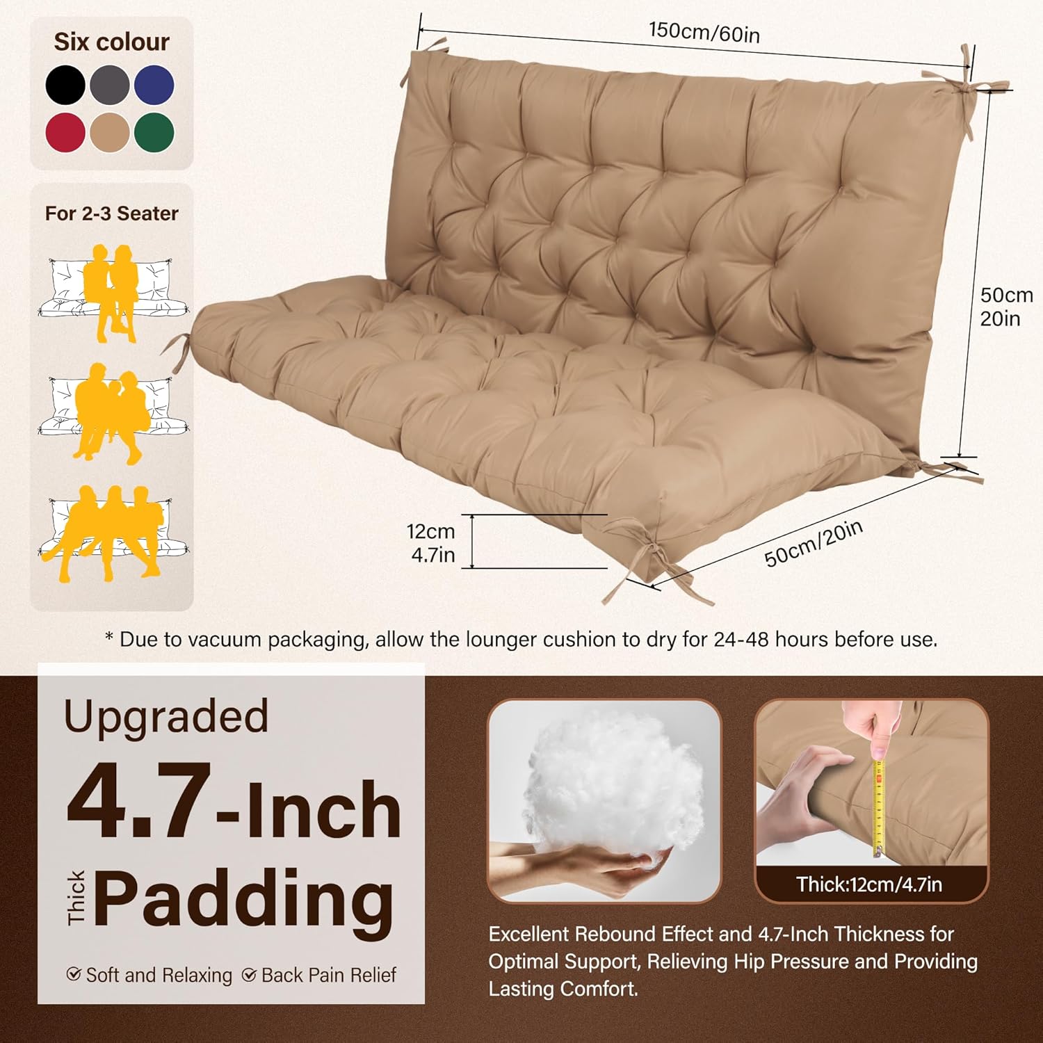 Waterproof Porch Swing Cushions 60 Inch,2 3-Seater Replacement for Outdoor Furniture with Backrest and Straps, Thick 4" Swing Seat Bench Cushion for Loveseat Glider Bench Patio Lawn Backyard