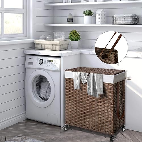 Miniatura 2 de GREENSTELL Cesto para ropa sucia con ruedas, no necesita instalación, cestas tejidas a mano divididas de 90 litros y 2 bolsas de forro extraíbles,