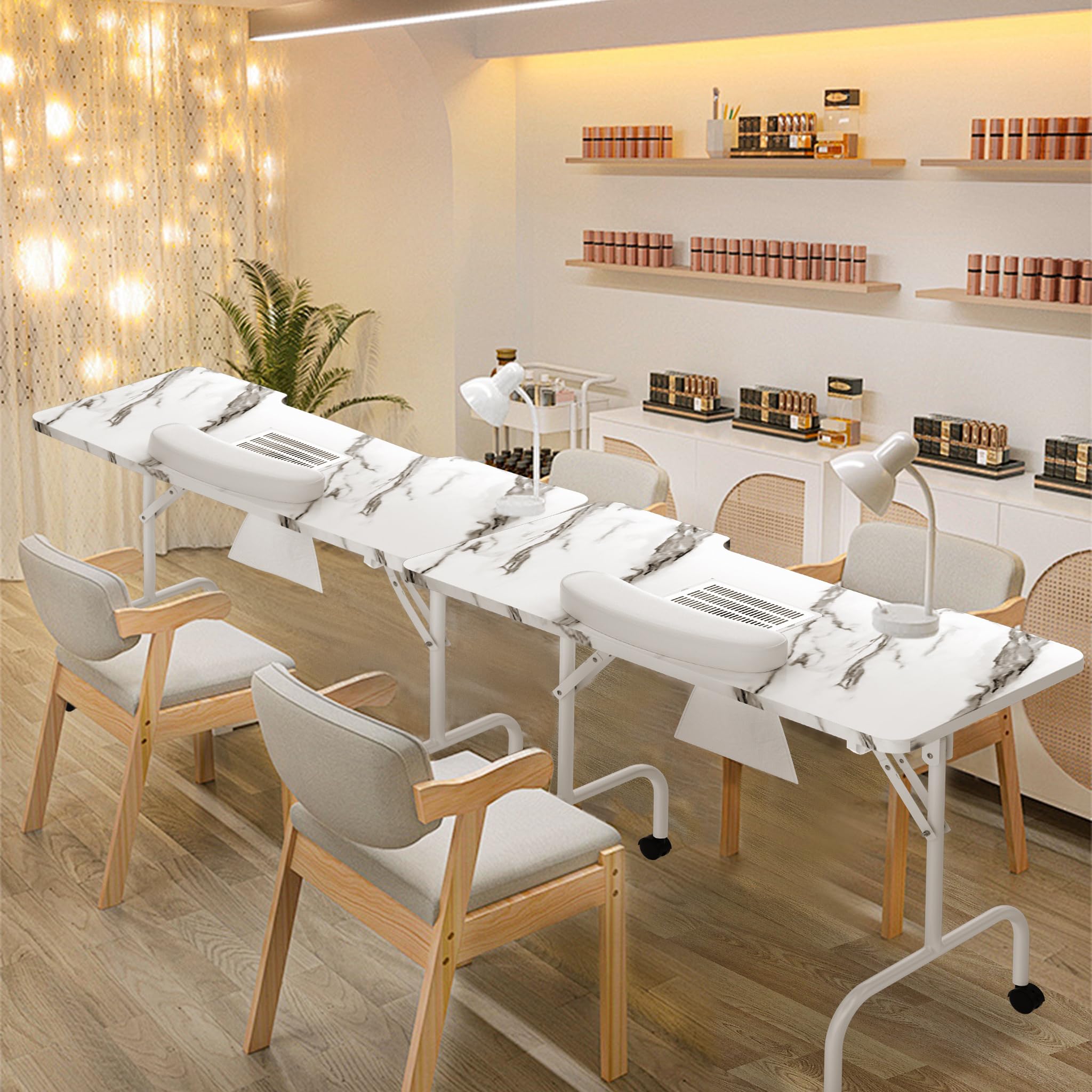 LARS360 Składany stolik do manicure z odsysaniem, stół do manicure z kółkami, poduszką na rękę, szufladą i torbą