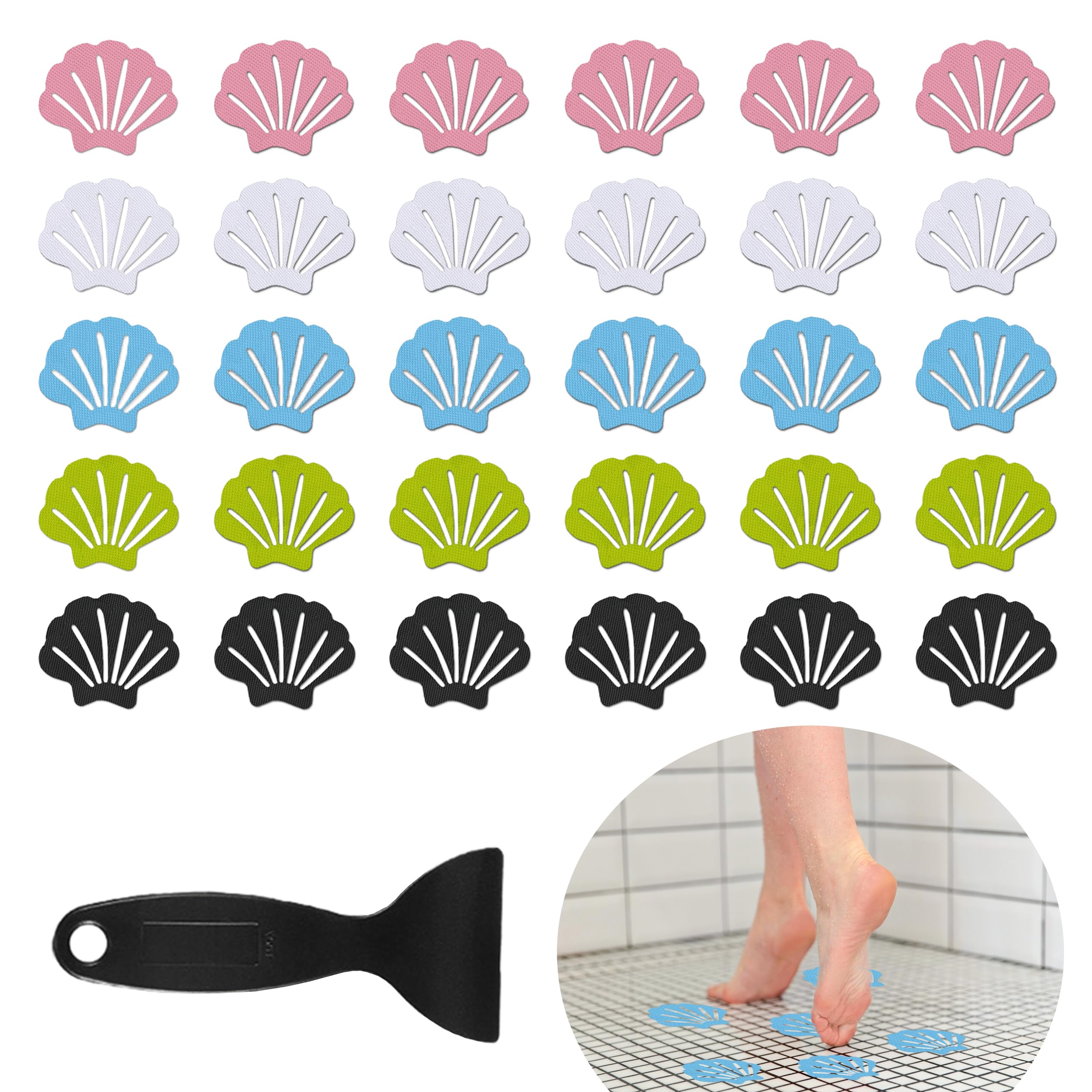 Anti Slip Shower Stickers, 30 PCS 5 Colors Bathtub Mat Non-Slip with Scraper, Bath Non-Slip Stickers Safety Showers Treads Adhesive Decals Anti Slip Mat for Bathtub Stickers Bath Tub Shower