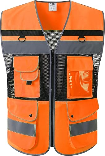 JKSafety Chaleco de seguridad reflectante de alta visibilidad clase 2 con cierre de cremallera, bolsillos delanteros y traseros, forro de malla,