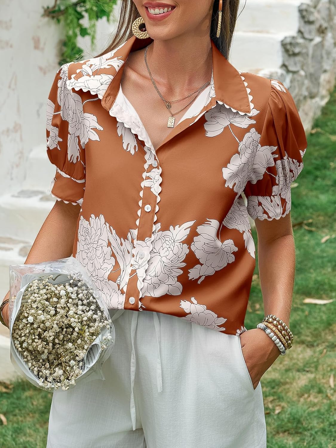 Cicy Bell Womens Puff Sleeve Button Down Shirts Floral Print Summer Casual Tops Boho Loose Fit Collared Blouse - Image 6