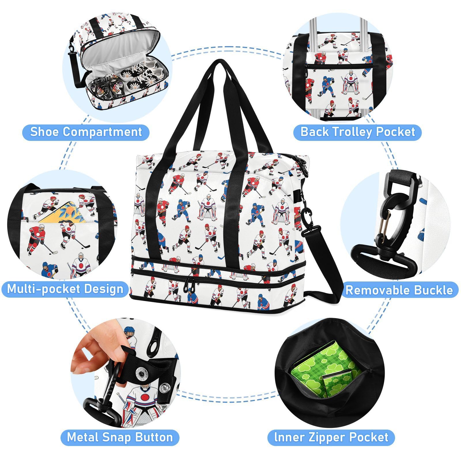 Sac de voyage imperméable pour articles personnels de hockey sur glace et bagage avec trousse de toilette pour voyage en avion