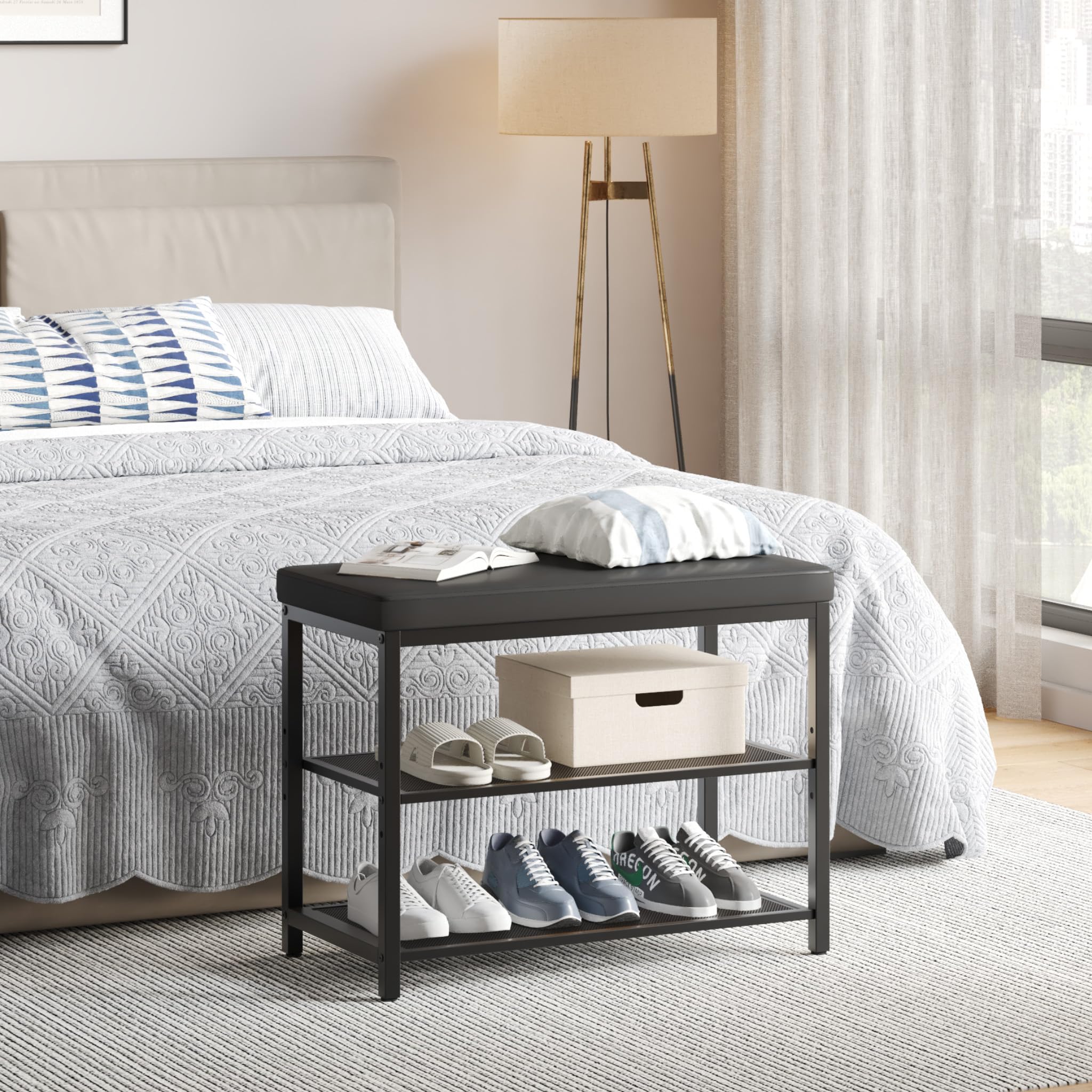 Mondeer Banco de Zapatos de 3 Niveles con Asiento Acolchado, Organizador de Zapatos con Estante de Almacenamiento de Altura Ajustable, Estilo Industrial, para Entrada, Pasillo, Sala de Estar