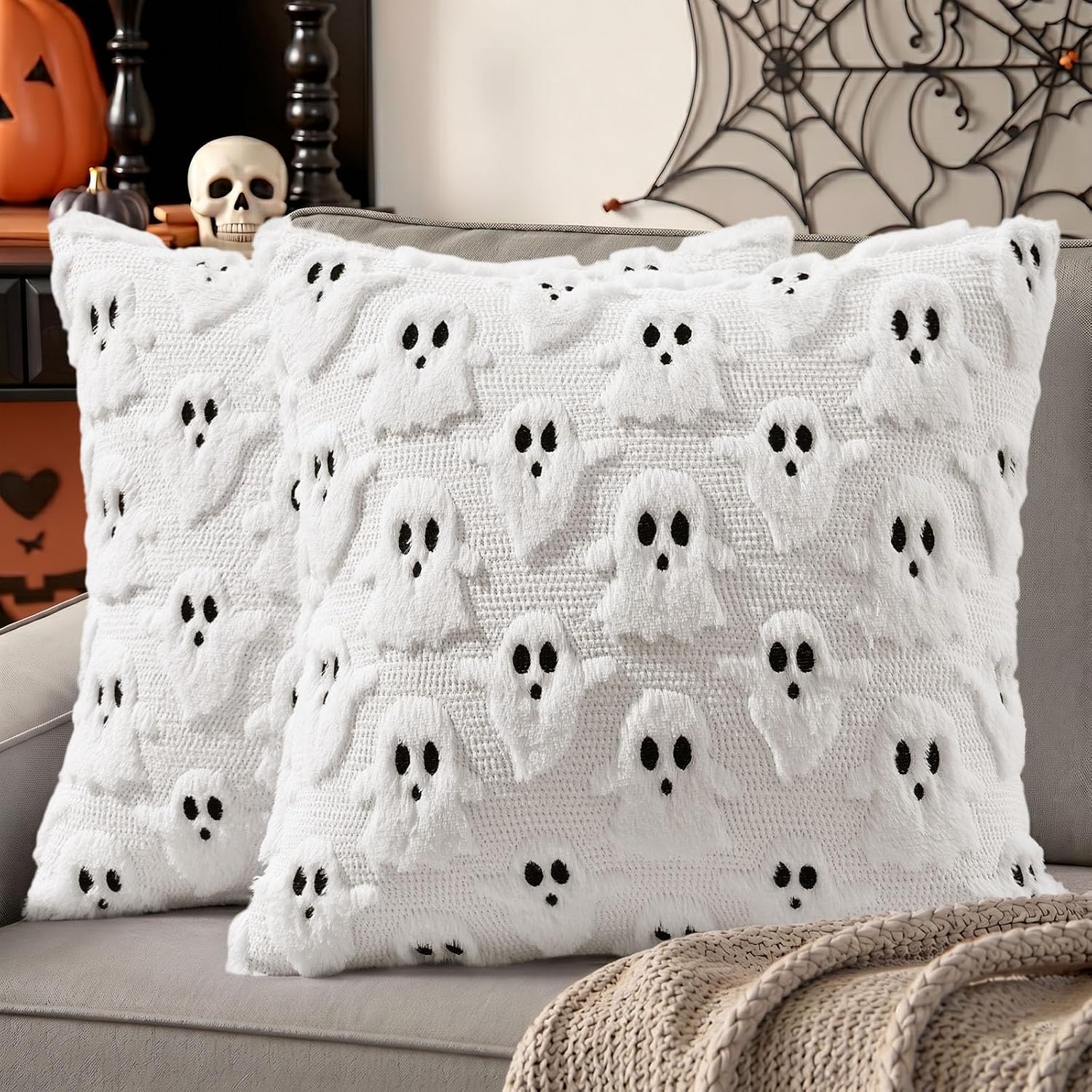 decorUhome Fall Halloween Ghost Throw Pillow Covers 18x18 Set of 2 White