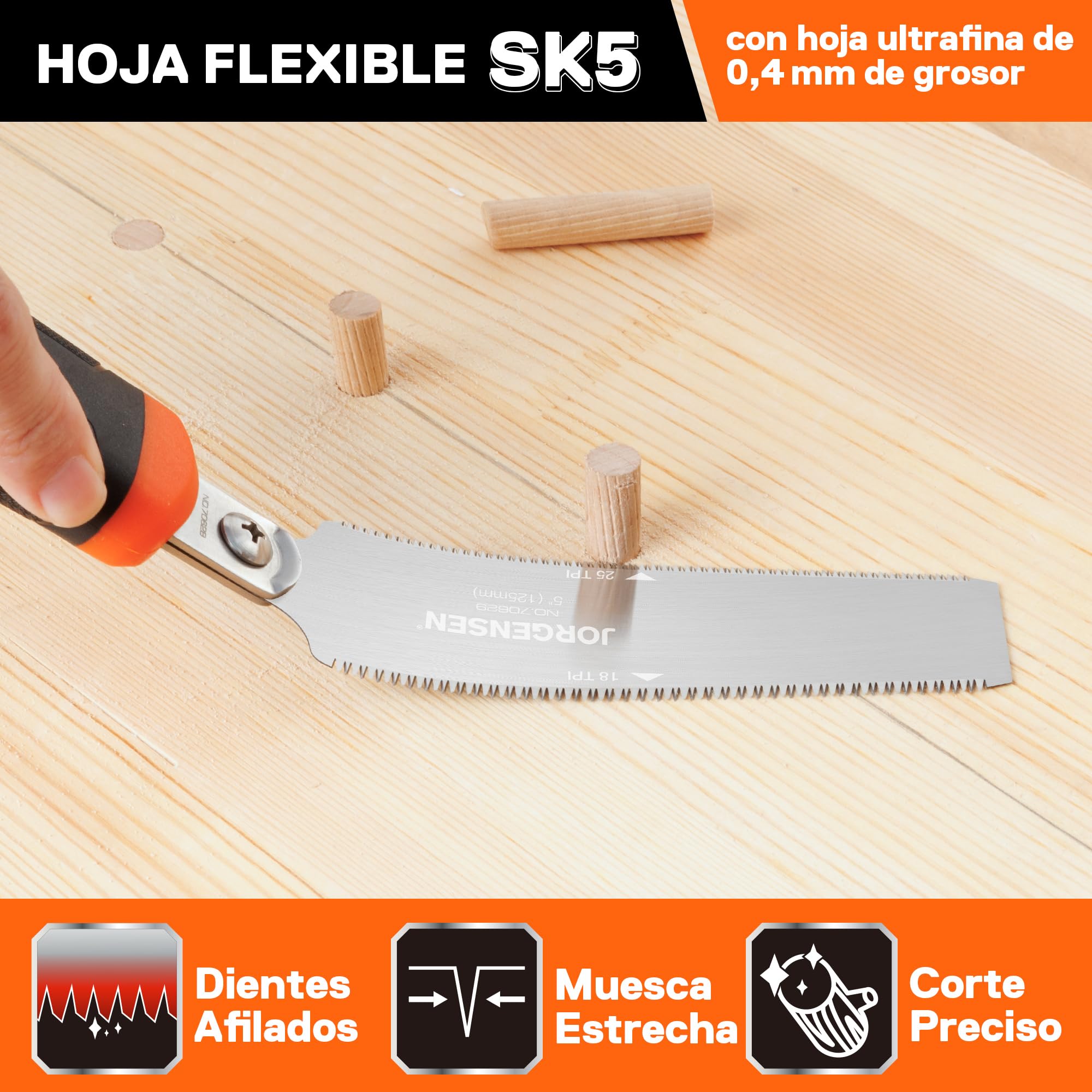 Jorgensen Sierra Japonesa Profesional de Doble Filo 18/25TPI, 125mm Sierra de Mano con Hoja SK5, Sierra Madera con Mango Ergonómico, Perfecta para Trabajos de Madera