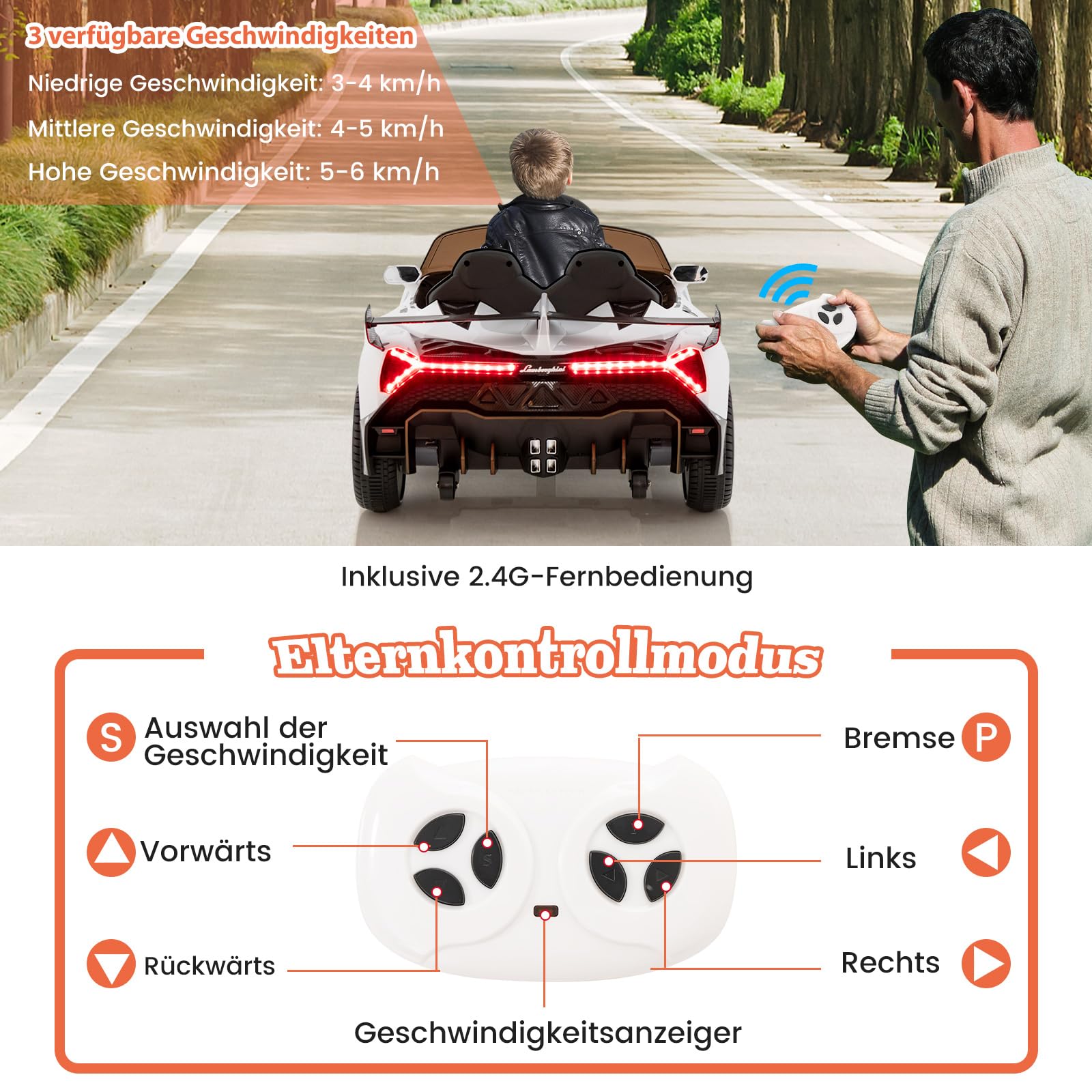 COSTWAY Lamborghini Elektroauto für Kinder, Kinderfahrzeug mit 2,4-G Fernbedienung & LED Scheinwerfer & Hupe & Musik, Elektrofahrzeug 3-6 km/h, Kinderauto Elektro für Kinder ab 3 Jahren (Weiß)