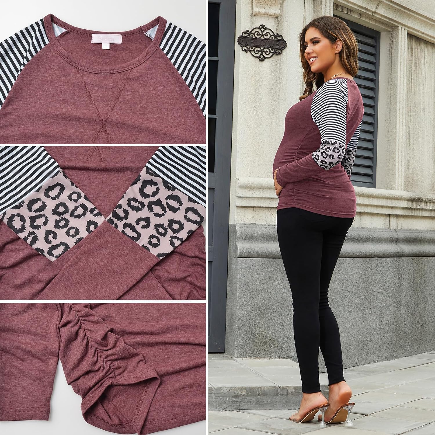 Bhome Long Sleeve Maternity T-Shirt Colorblock Baseball Tee Casual Pregnancy Tunic Top