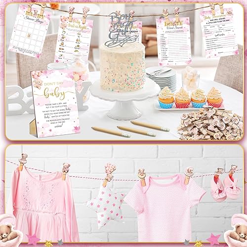 Miniatura 6 de Patelai Juego de 321 piezas de oso rosa para baby shower para niña, 5 juegos que incluye 50 tarjetas de actividad, 20 lápices, 1 letrero de "Don't