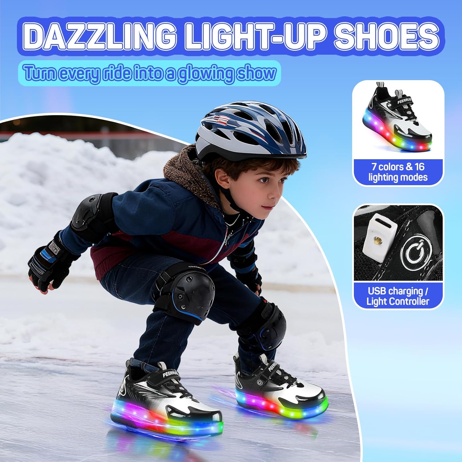 Kids Shoes with Wheels - 4 in 1 Light-Up Roller Shoes with USB Rechargeable LED Sneakers for School Christmas Party Gifts