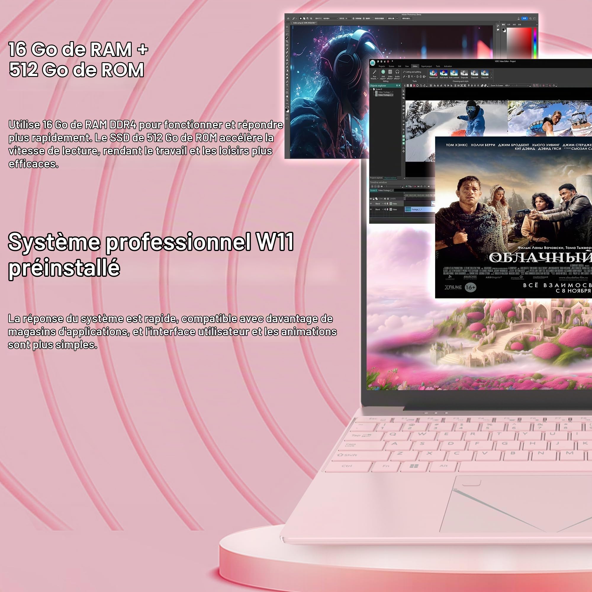 PINSTONE Ordinateur Portable 15,6 Pouces Rose, 16 Go DDR4 RAM, 512 Go SSD