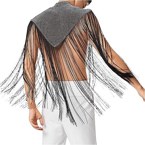 Miniatura 2 de WENKOMG1 Camisa con dobladillo de flecos para hombre, cuello alto, sexy, con borlas, chal, sin mangas, recortada, para fiesta, club